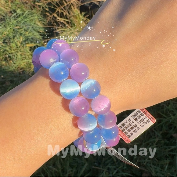 Blue And Purple Selenite Bracelet 10mm - Picture 3 of 4